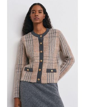 Dilvin Plaid Jacquard Crew Neck Cardigan - Brown