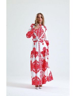 Msn-Collection Paisley Print Belted Maxi Dress With Shirt Collar - Red