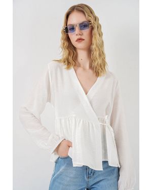 Bigdart V-Hals Blouse Met Strikdetail En Kreppé - Wit