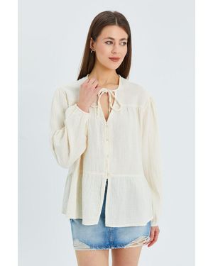 MixRay Lange Mouwen Losse Blouse Met Strikhals - Wit