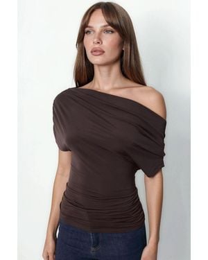 Hiccup Asymmetrical Collar Short Sleeve Blouse - Black