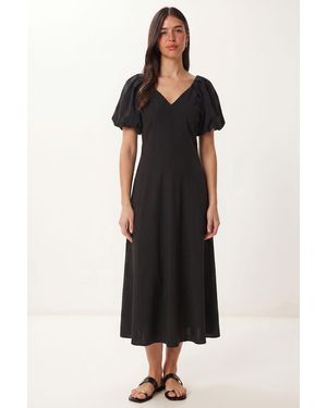 Happiness İstanbul A-Line Midi Dress With V-Neck - Black