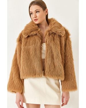 Bianco Lucci Cropped Open-Front Faux Fur Coat With Long Sleeves - Brown