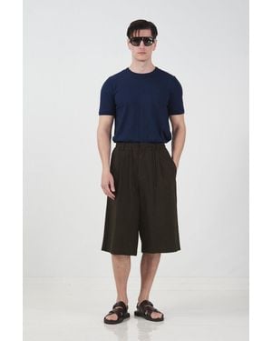 Giesto Mid Waist Wide Leg Capri Shorts With Drawstring - Blue