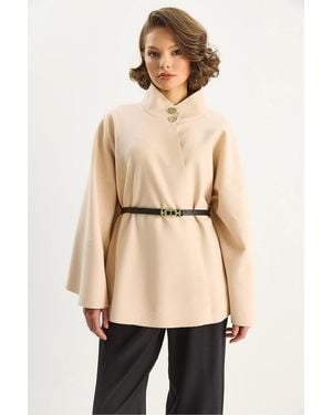 Bianco Lucci Textured Overcoat With Button Closure - Natural