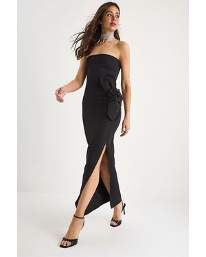 Bianco Lucci Strapless Floral Maxi Dress With Bow Detail - Black