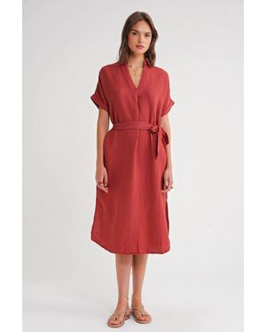 MixRay Belted Short-Sleeve Midi Dress - Red