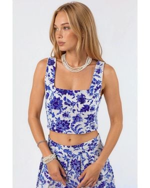 Busem Bloemige Vierkante Kraag Kort Topje - Blauw