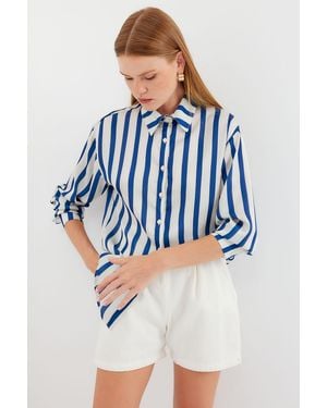 Bigdart Satin Lange Mouw Knop-Up Shirt - Blauw