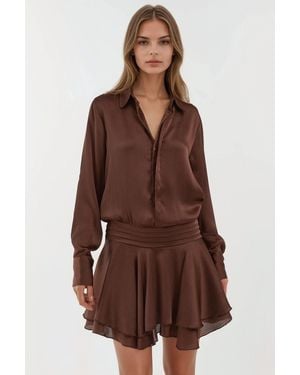 Hiccup Ruffle Drape Long Sleeve Mini Dress With Shirt Collar - Brown