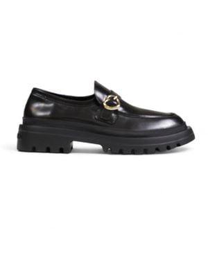 Love Moschino Leather Loafers Chunky Sole Buckle - Black