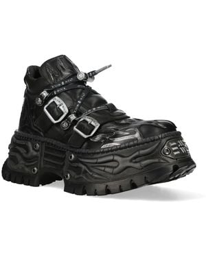 New Rock Leather Gothic Biker Platform Ankle Boots - Black