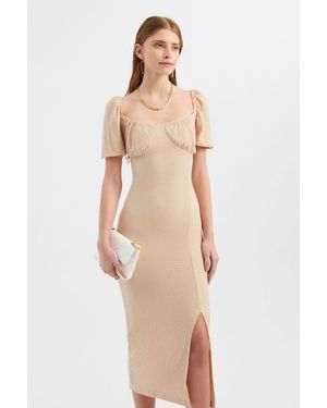 Hiccup Sweetheart Neck Smocked Balloon Sleeves Midi Dress With A Side Slit - Natural