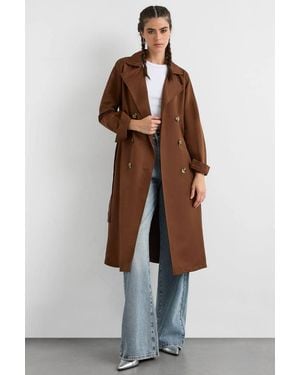Hiccup Double-Breasted Belted Long Trench Coat - Brown