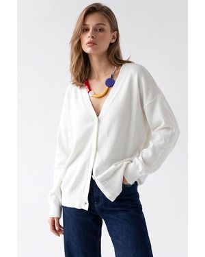 MixRay Lange Ribbels Breigarment Cardigan Met V-Hals En Knoopsluiting - Wit