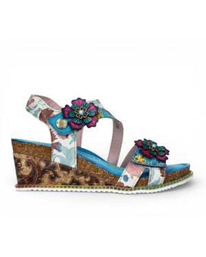 Laura Vita Bonito 32 Floral Leather Wedge Espadrille Sandals - Blue