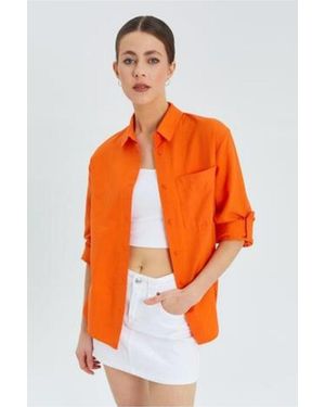 MixRay Long Sleeve Button-Up Shirt With Pocket - Orange