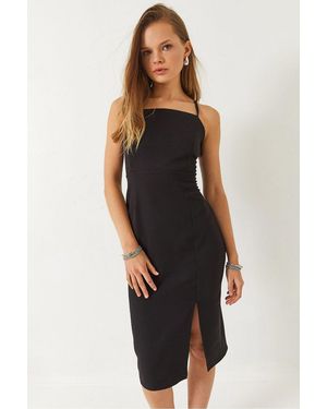 Bianco Lucci Fitted Midi Dress With Square Collar And Slit - Black