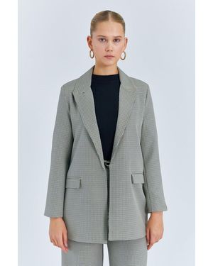 MixRay Long Plaid Crepe Blazer - Grey