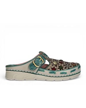 Laura Vita Dorry 01 Floral Leather Wedge Slipper Sandals - Green