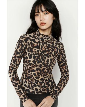 Hiccup Leopard Print Half Turtleneck Top - Black