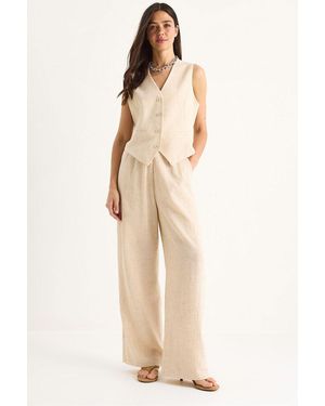 Bianco Lucci V-Neck Vest And Wide Leg Trousers Two-Piece Coord Set - Natural