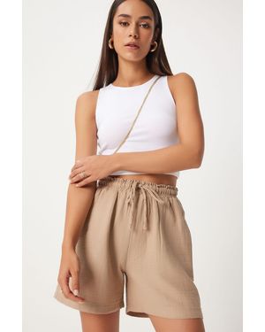 Happiness İstanbul High Waist Wide Leg Cotton Shorts - Brown