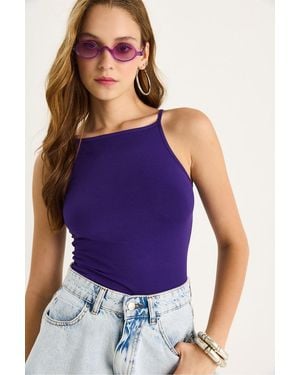 Bianco Lucci Fitted Cotton Blend Halter Neck Cami Top - Purple