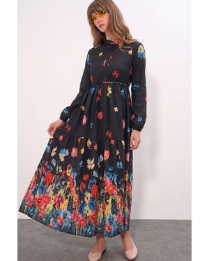 Bigdart Buttoned Crew Neck Maxi Dress With Waistband - Blue