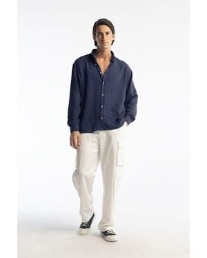 Giesto Oversized Button-Up Long Sleeve Shirt - Blue