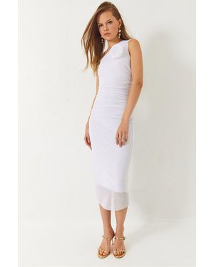 Bianco Lucci Asymmetrical Collar Midi Dress With Bow - White