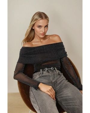 Hiccup Off Shoulder Glitter Tulle Blouse - Black