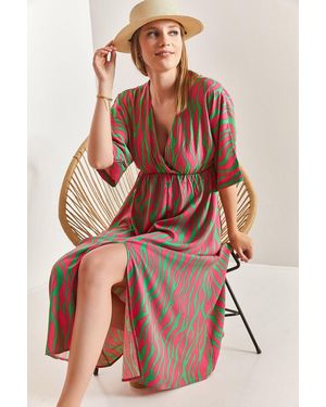 Bianco Lucci Printed V-Neck Midi Dress With Slit - Multicolour