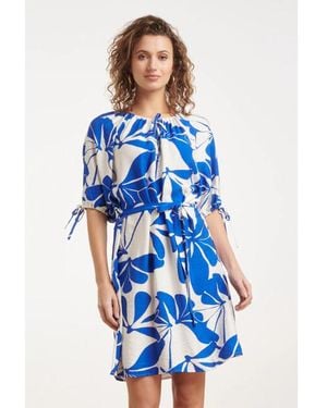 Smashed Lemon En Wit Korte Jurk Met Abstracte Bloemenprint - Blauw