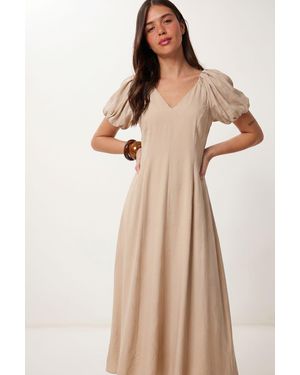 Happiness İstanbul A-Line Midi Dress With V-Neck - Natural