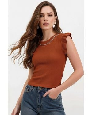 Bigdart Embroidered Textured Crew Neck Blouse - Orange