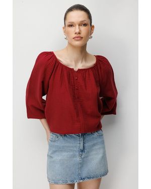 MixRay Buttoned Muslin Blouse - Red