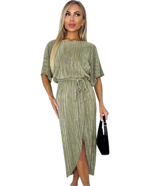 AX Paris Midi-Jurk Met Plissé, Strikceintuur En Korte Mouwen Voor (Licht Khaki) - Groen