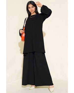 Bigdart Textured Long Sleeve Tunic And Wide Leg Trousers Set - Black