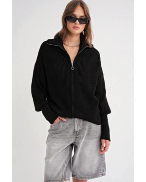 MixRay Gevoerd Kraag Oversized Geweven Brei Cardigan - Zwart