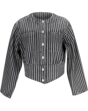 CHANEL Gestreepte Button-Down Denim Jacket - Grijs