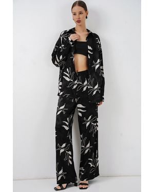 Bigdart Floral Shirt & High Waist Wide Leg Trousers Two-Pieces Co-Ord - Black