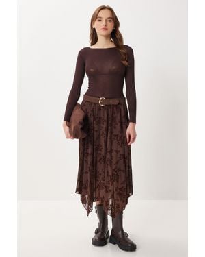 Happiness İstanbul High Waist Floral Midi A-Line Skirt - Brown