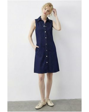 Bianco Lucci Mini Denim Dress With Shirt Collar And Pocket - Blue