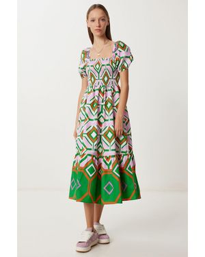 Happiness İstanbul Batik Print Midi Dress With Ruffle Detail - Green