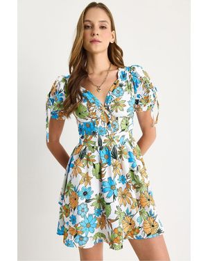 Bianco Lucci Printed V-Neck Cut Out Midi Dress - Blue