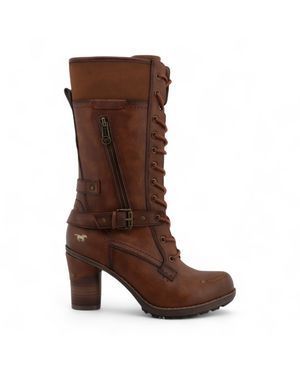 Mustang Mid-Calf Lace Up Heeled Combat Boots Pu - Brown