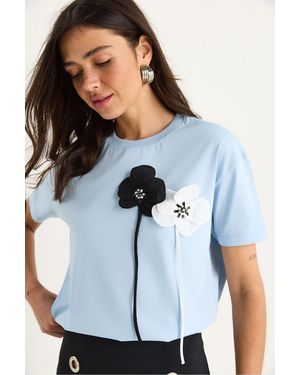 Bianco Lucci Bloemendruk Korte Mouwen T-Shirt - Blauw
