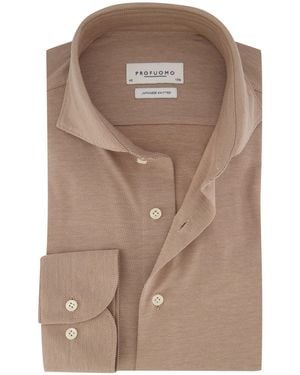 Profuomo Japanese Knitted Slim Fit Overhemd - Bruin