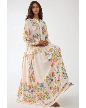 Hiccup Printed V-Neck Maxi Dress With Button Detail - Natural